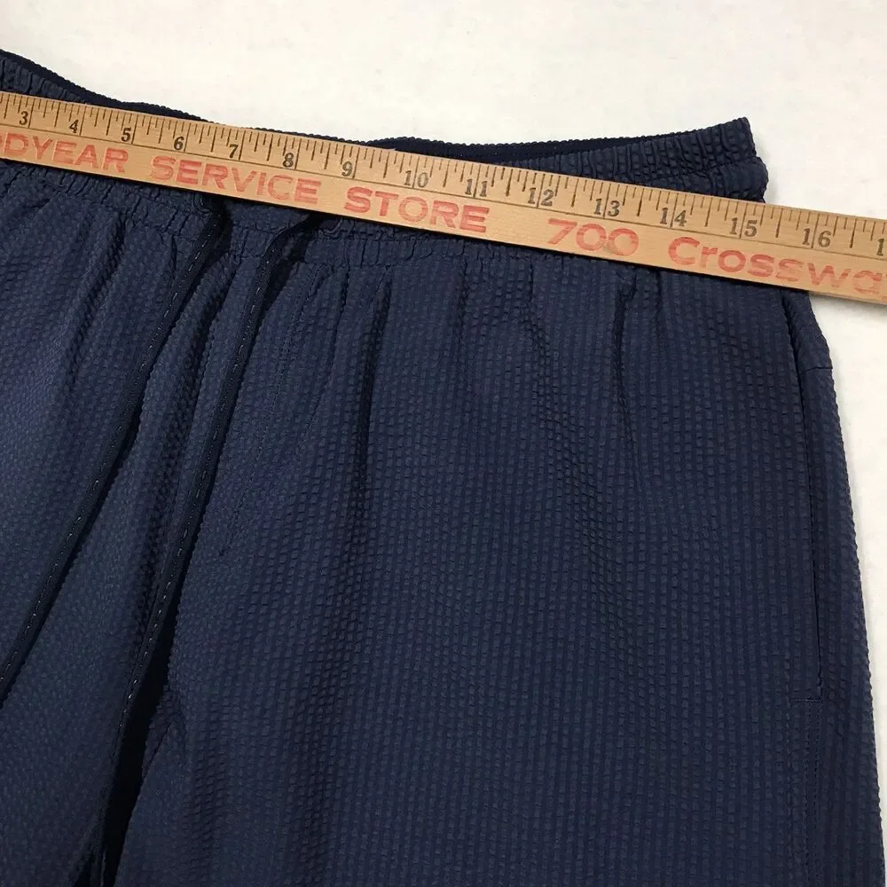 LULULEMON Textured Swim Short Men L Navy Blue Linerless Drawstring Stretch